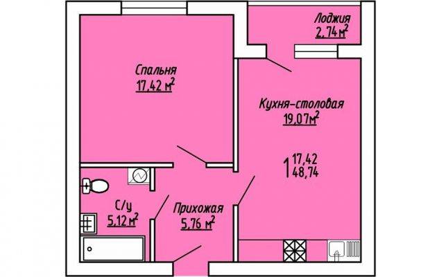 Однокомнатная квартира 48.74